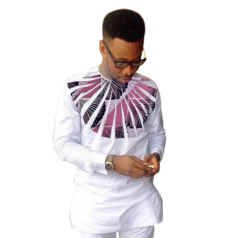 Nigerian Fashion White Men's Shirts O-Neck Modern Design Sector Patchwork Tops Customized African Wedding Party Wear