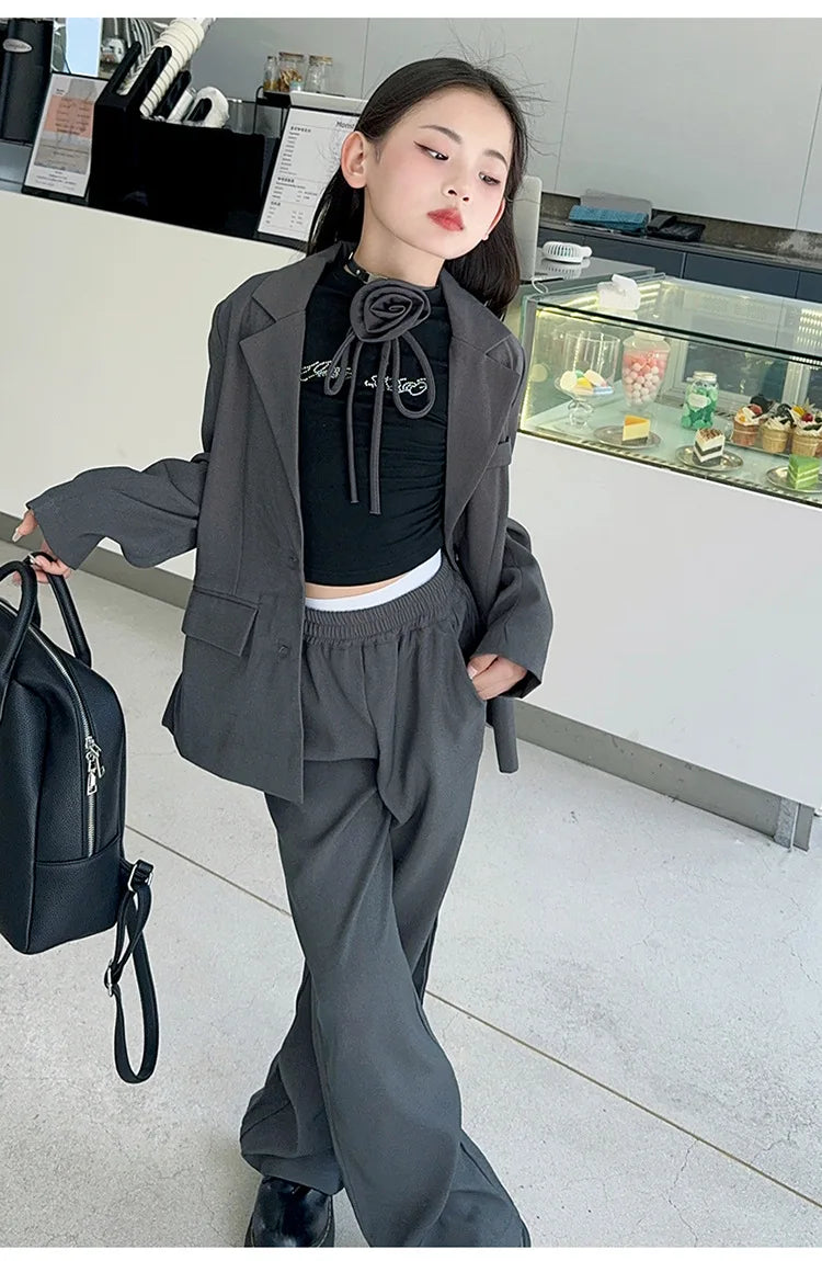 8 10 12 14 teenage Girl suit set Blazer+Wide leg pants 2pcs junior kid clothes suits children clothing girls outfit sets Costume