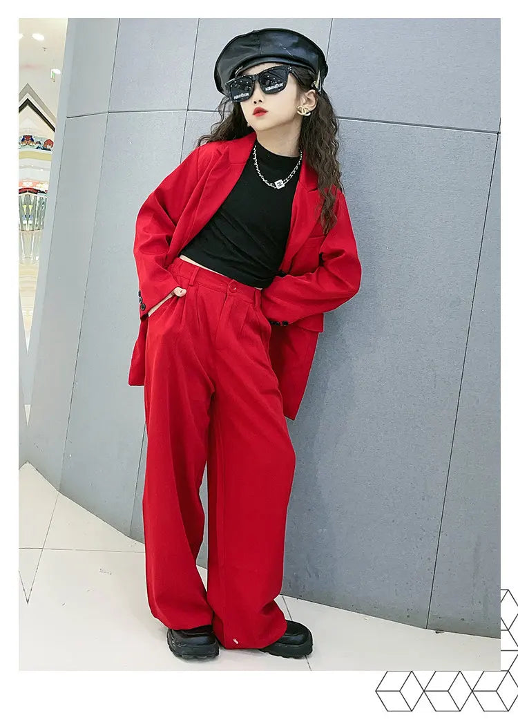 Girls Red Blazer Suits Clothing Sets Spring Autumn Kids Jackets+Pants Fashion Loose Formal Teenager Casual Outfits 5-14Years Old