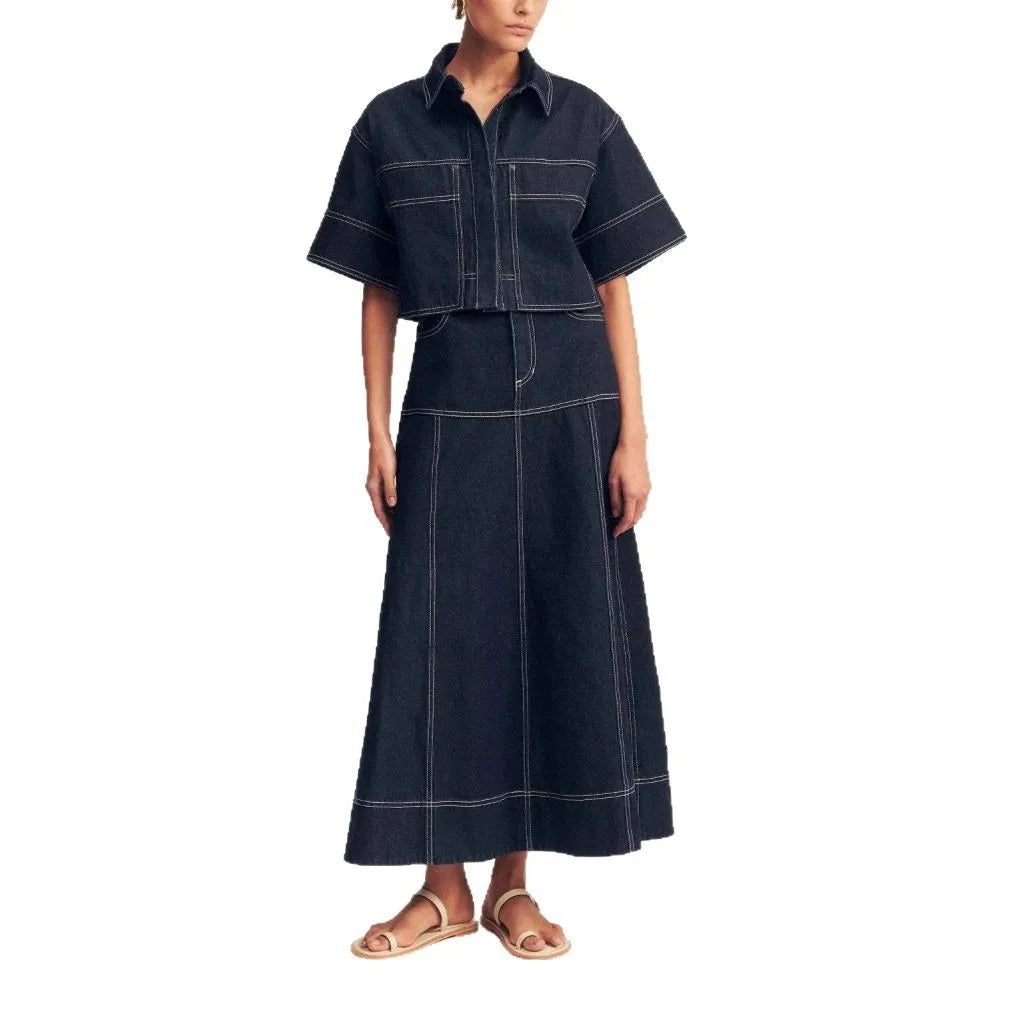 Skirt Suit Women Denim Shirt Long Skirts 2 Piece Sets Washed Vintage Ensemble Single Breasted Overshirt Top Summer Outfits