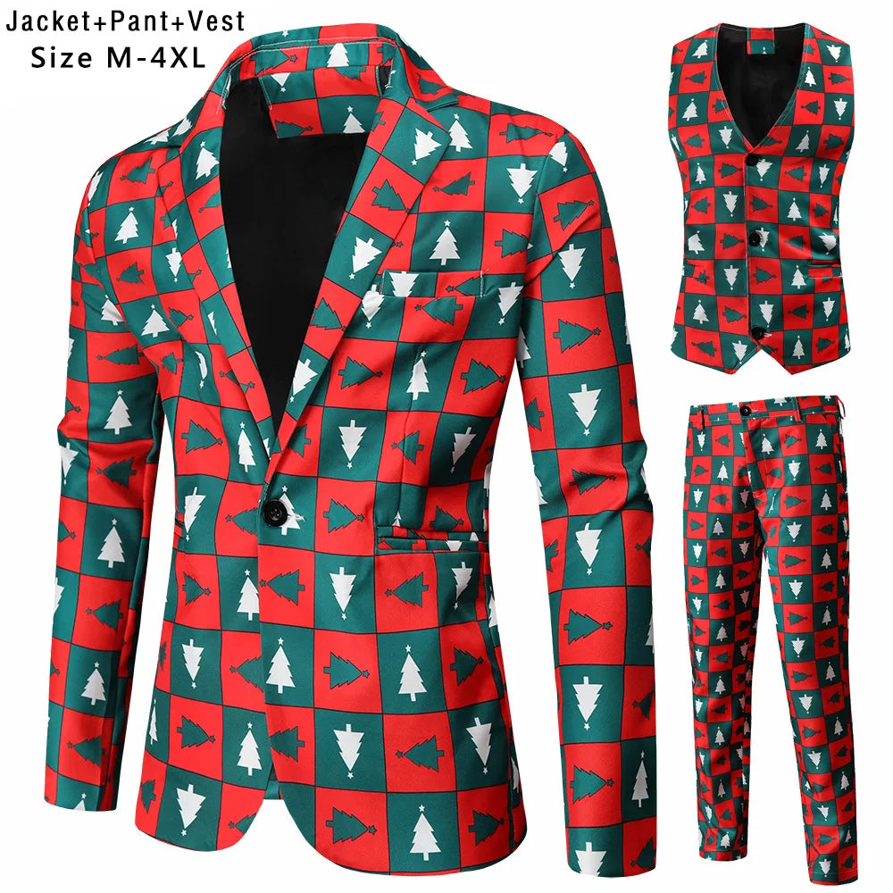 New Men's 3 Piece Christmas Sets Blazers+Vest+Pants 2026 Xmas Printed Men Suit Set Party Stage Dress Up Style Costume Streetwear