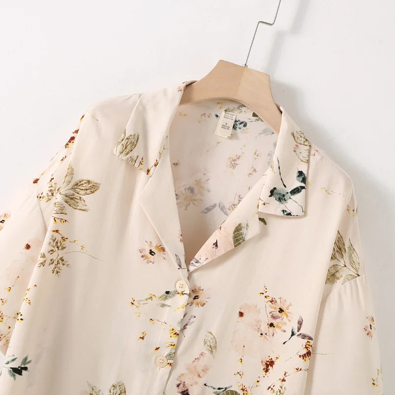 Elegant Versatile Floral Shirt & Shorts/Pants Set Women French Style Silky Viscose Loungewear 2Pcs Summer Pajamas Outerwear Top