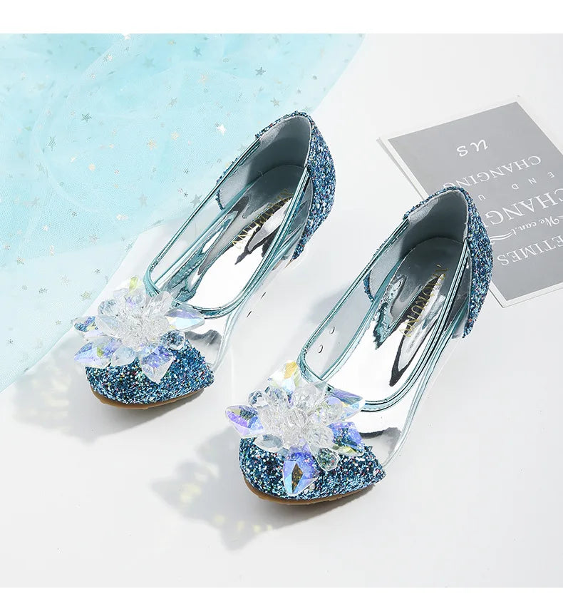Pink Blue Princess Dance Shoes for Girls Low Heels for Kids Birthday Party Glitter Crystal Diamond Shoe Child Gown Leather Shoes