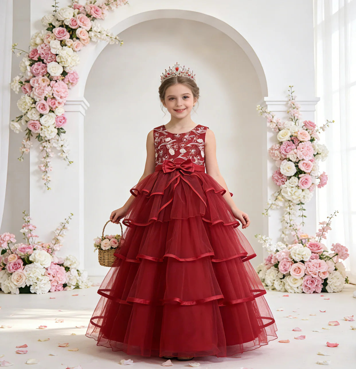 Girls Princess Dress Sleeveless Lace Embroidery Tiered Tulle Bow Formal Evening Gown for Wedding Birthday Party Christmas