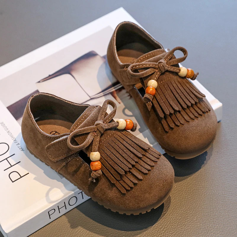 Girls' All-inclusive fringed Boken shoes 2025 Autumn Edition Soft-soled little girl princess Shoes Children's Bean single shoes