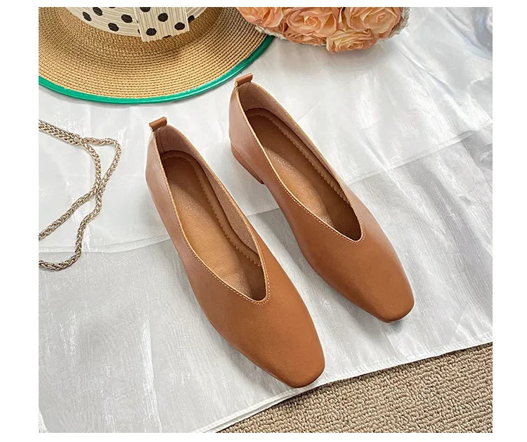 Genuine Leather Multi-color Low-heeled women's Shoes  Round Toe Flat Bottom Shallow Cut Single Shoe Casual Versatile Loafers