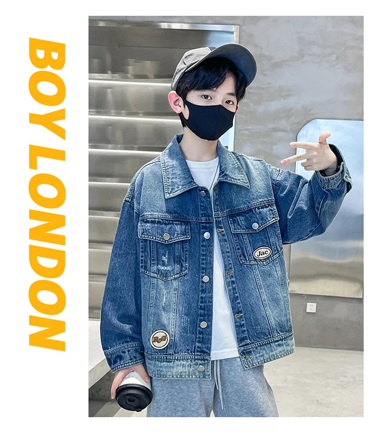 Kids Luxury Clothing Black Blue Denim Jacket for Teenage Boy Spring Autumn Ripped Denim Jacket Coat Child Casual Outfit Age 5-14