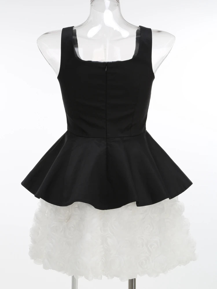 Women Floral Skirt Three Piece Sets Sexy Black Straps Top + Embroidered Sequins Bra + A-line Mini Skirts Suits Evening Cocktail