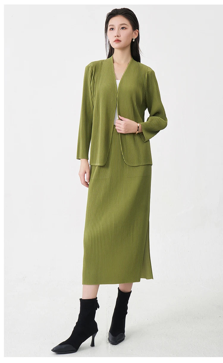 Fast Shipping Women's Fashion Set High Quality Top and Skirt Two Piece Office Set Miyake Pleated Set
