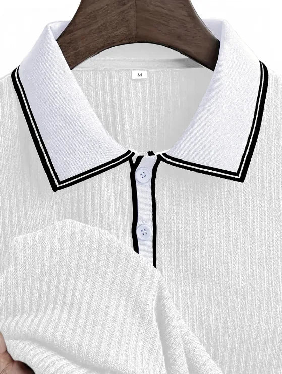 Men Ribbed Knit Polo Shirt Short Sleeve Turn Down Collar Contrast Trim Button Placket Slim Fit Casual Top
