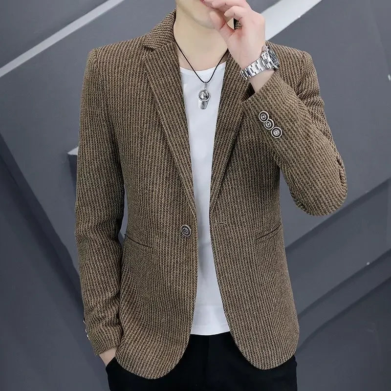 Thin Men's Suit Jackets Single Breasted Male Blazer Coat Brown Slim Fit High Quality Elegant Simple Classic Menswear Clothing