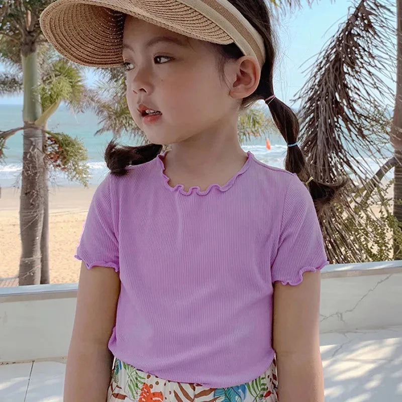 Baby Girls T-Shirt Summer Kids Short Sleeve Tops Tees Soft Ice Silk Fabric Toddler Solid Color Shirts Children's Clothing 1-10Y