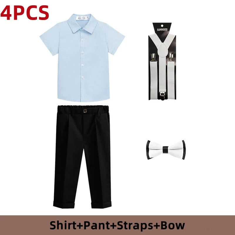 Kid Formal Strap Shirt Shorts Bowtie Clothing Set Gentleman Baby Toddler Tracksuit Elegant Boys Outfit Suit For Wedding Children