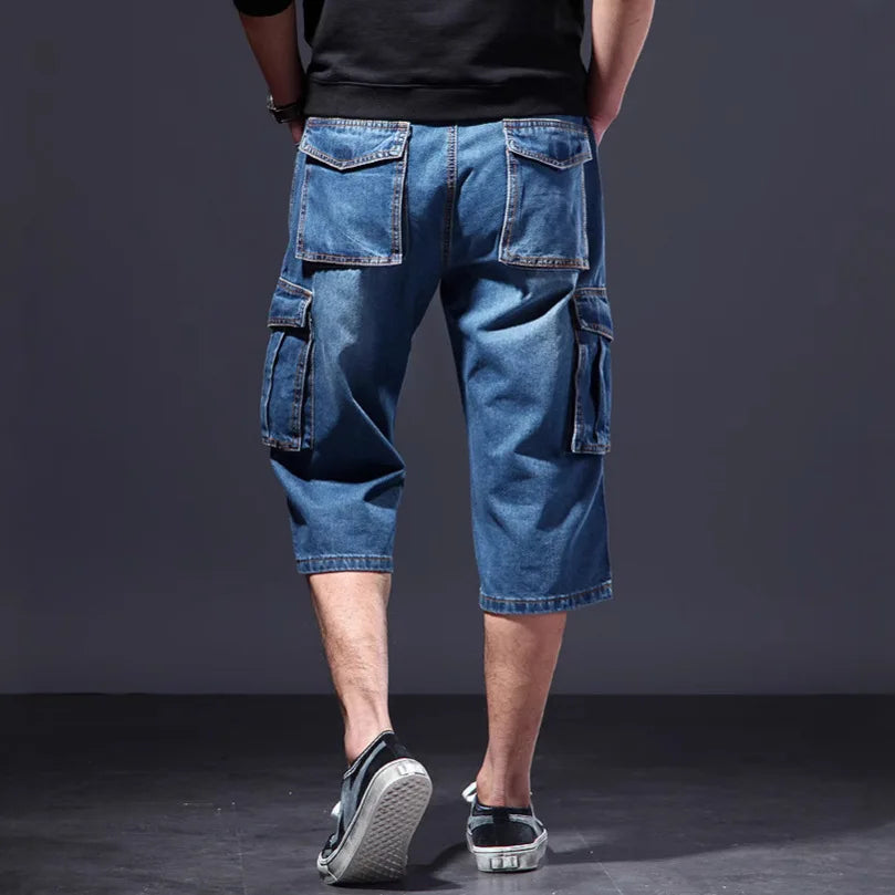 Summer thin, loose, multi pocket workwear, cropped denim shorts, cropped casual jeans for men