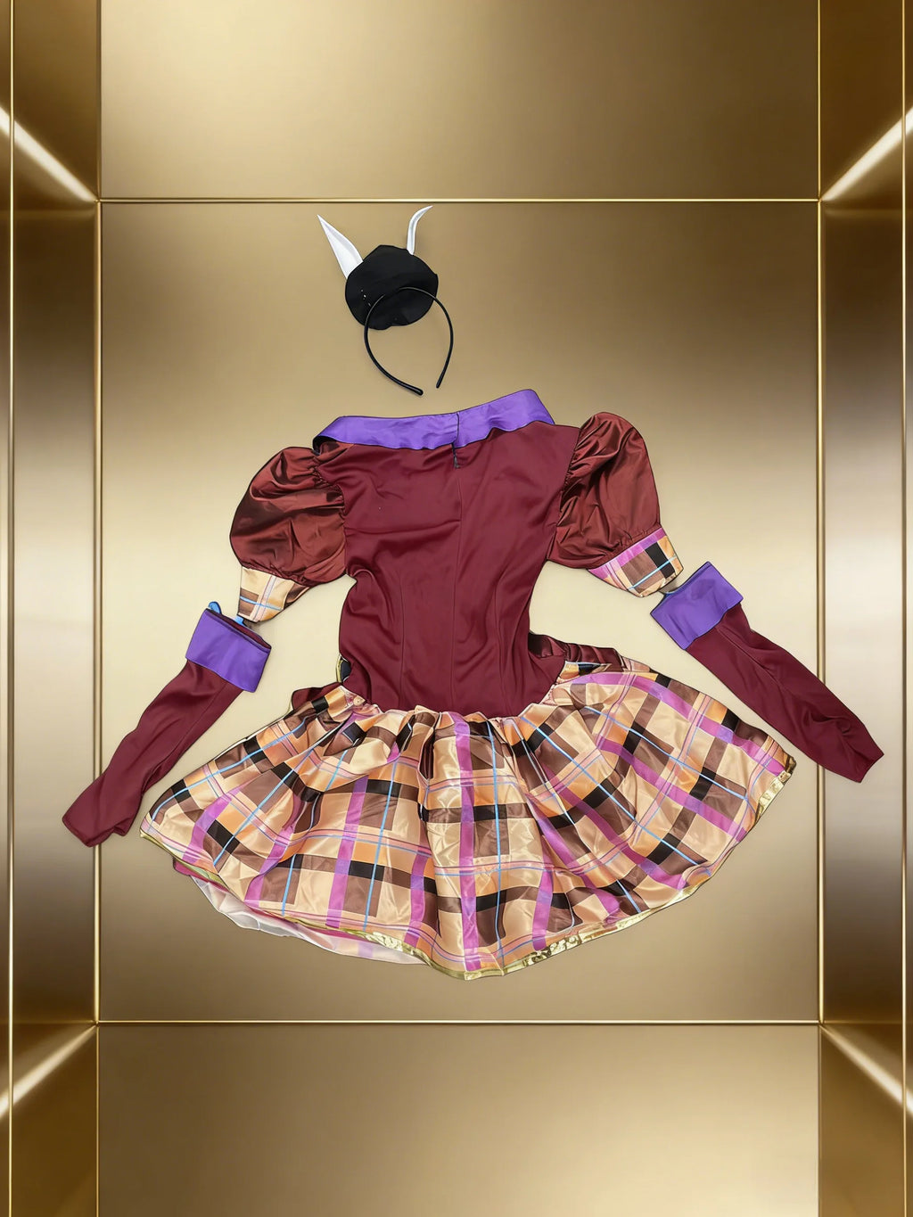 Girls' Burgundy Multi-Piece Outfit: 1 Girl's Dress with Bow Decoration + 1 Small Hat with Ear-Shaped Headband + 1 Pair of Gloves with Bow Rings, Suitable for Girls' Carnival, Halloween, and Various Holiday Party Performances.