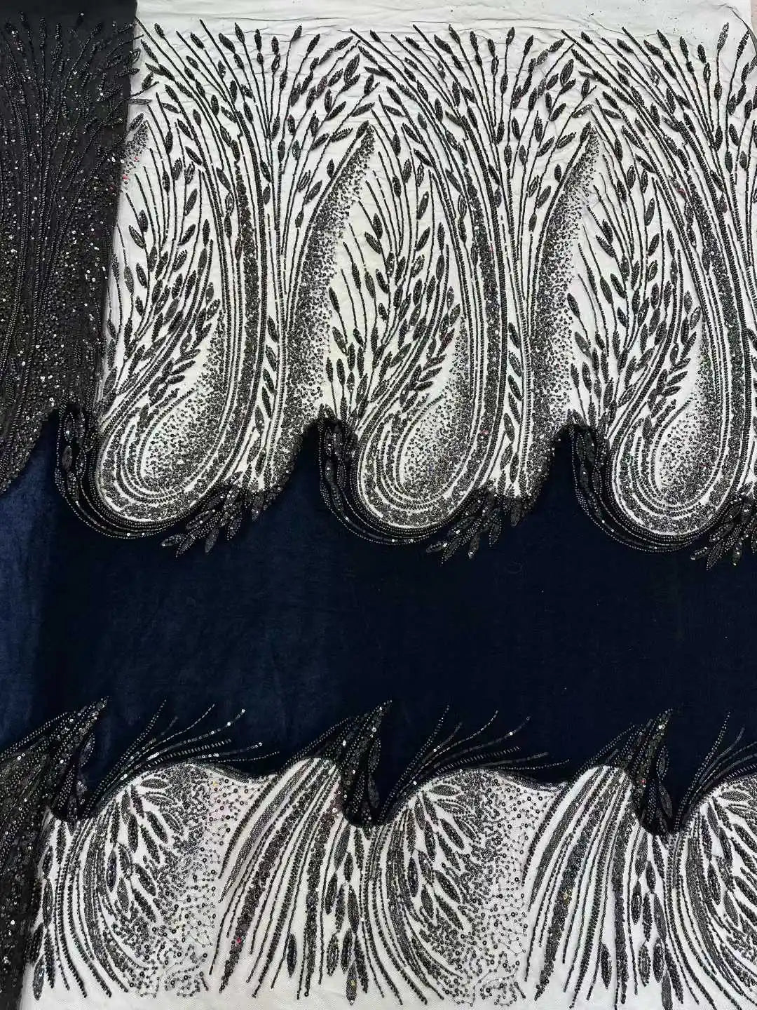 2026 African Nigeria High-Quality Velvet Beaded Sequins French Tulle Lace Fabric Dress Nigerian 5 Yards For Wedding Party Women