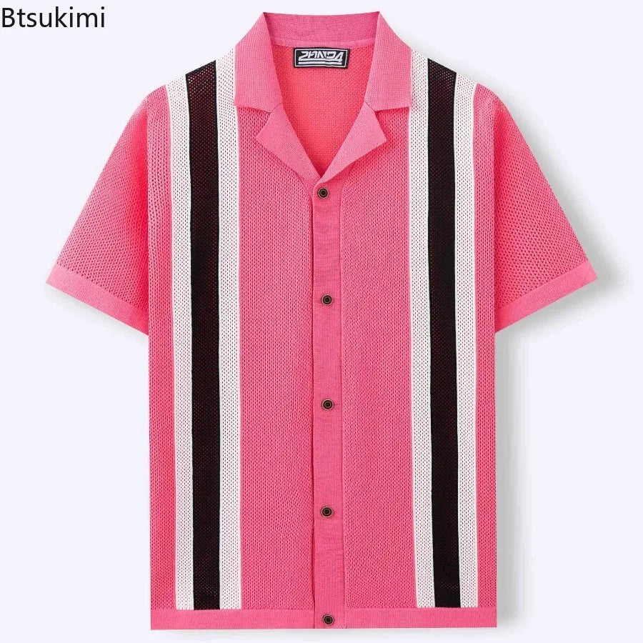Summer New Knitted Shirts for Men Fashion Cuban Collar Business Casual Social Polo Shirts Knit Cardigans Men Clothing Streetwear