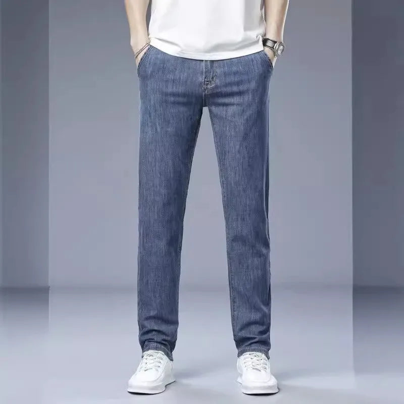 KIDWHXR Men Jean Trousers Slim Elastic Mid Waist Male Denim Pants Fashion Simple Casual Comfortable Man Straight-leg Pant