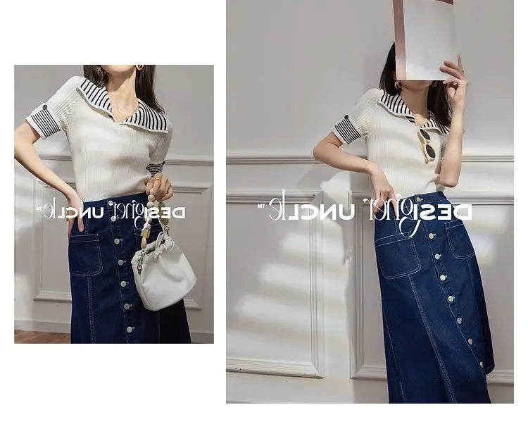 Women's T Shirts Polo Neck Shirt Top Short Sleeve Tee Clothes White Striped Cute Offer Premium With Collar Polyester Sale