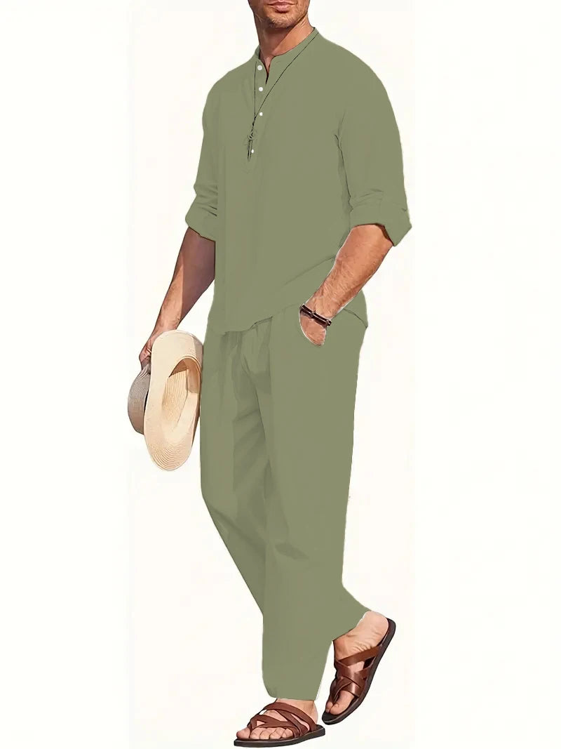 Men's White Linen Suit Set Long Sleeve Henley Shirt and Elastic Waist Pants Two Piece Outfit Summer Casual Comfortable
