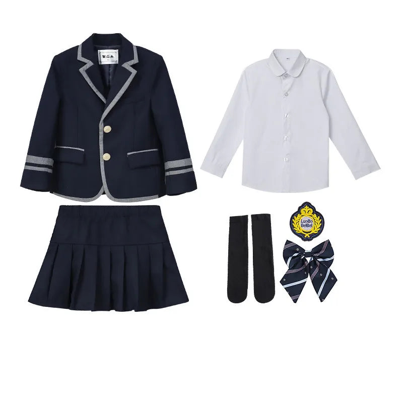 Child School Uniform Girls Korean Japanese Navy Jacket Pleated Skirt Boys Formal Dress Suits Kids Student Clothes Class Sets