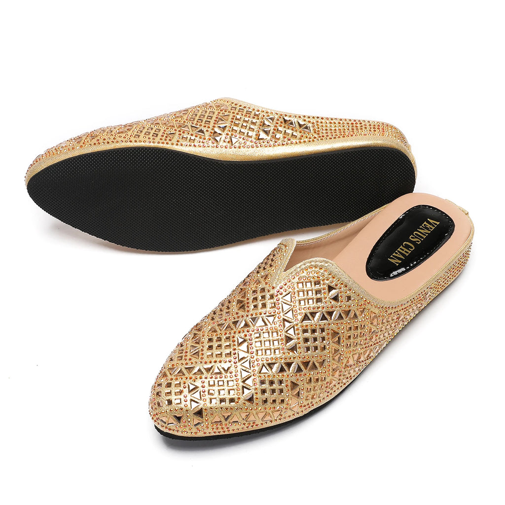 2025 Latest Design Nigeria Silver Color Half Shoes Elegant Flat Shoes for Woman Fashion Comfortable Party Slippers