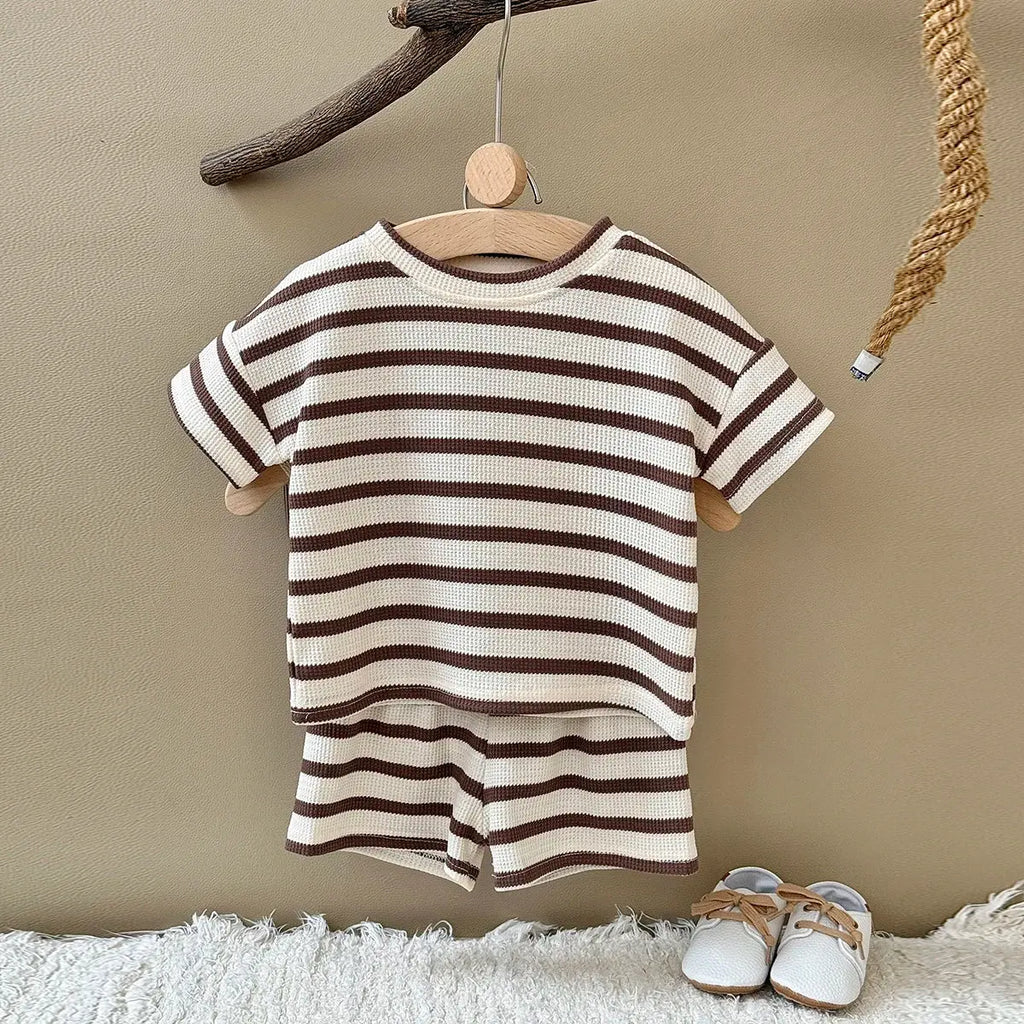 Summer Baby Clothes  Beige Color Boys Striped  T-shirt Shorts Set Breathable Girls Vest Short Sleeved Shorts Set 0-3Years