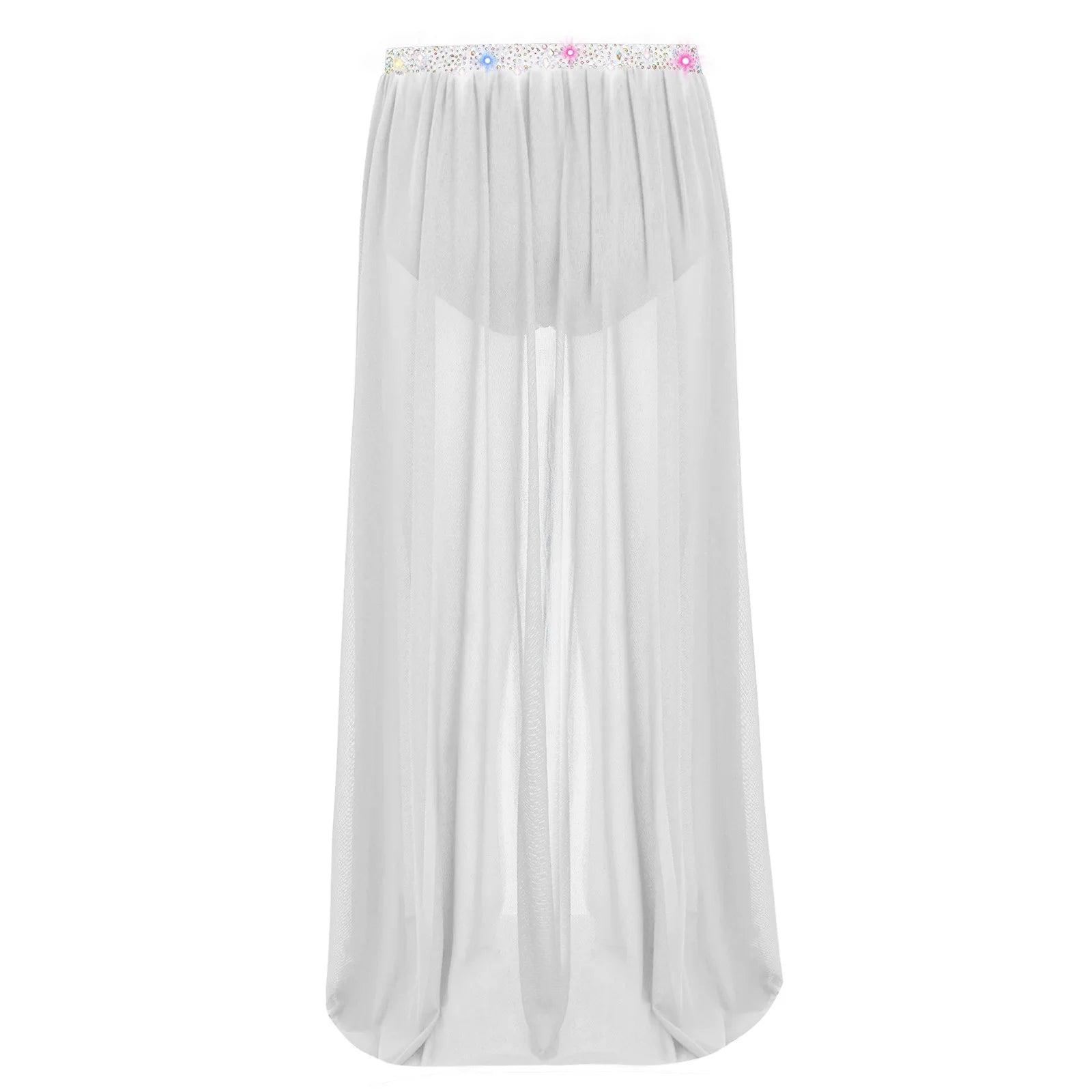 Kids Girls Lyrical Modern Dance Skirt Shiny Rhinestones Open Front Flowy Sheer Mesh Skirt with Built-in Briefs Ballet Dresses
