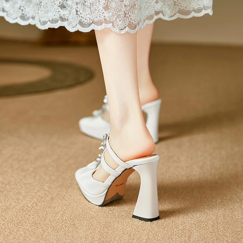 Thick High Heels Sandals Women Genuine Leather Fashion Rhinestone Bow Pointed Dress Wedding Party Dress Pumps Shoes 898-222