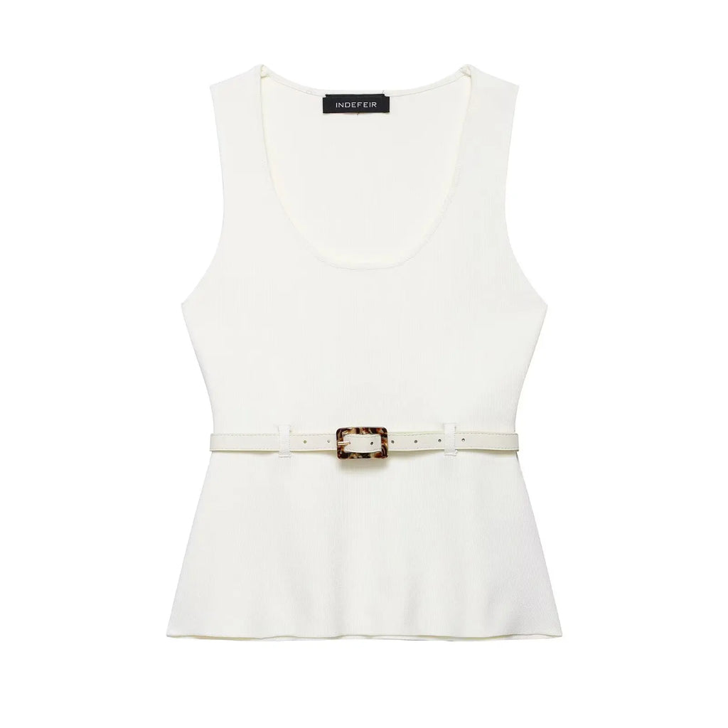 HH Women's Skirt Set Chic Sleeveless O-Neck Belt Decoration Solid Knitted Vest Top+Fashion Elastic Waist Hem Slit Midi Skirt
