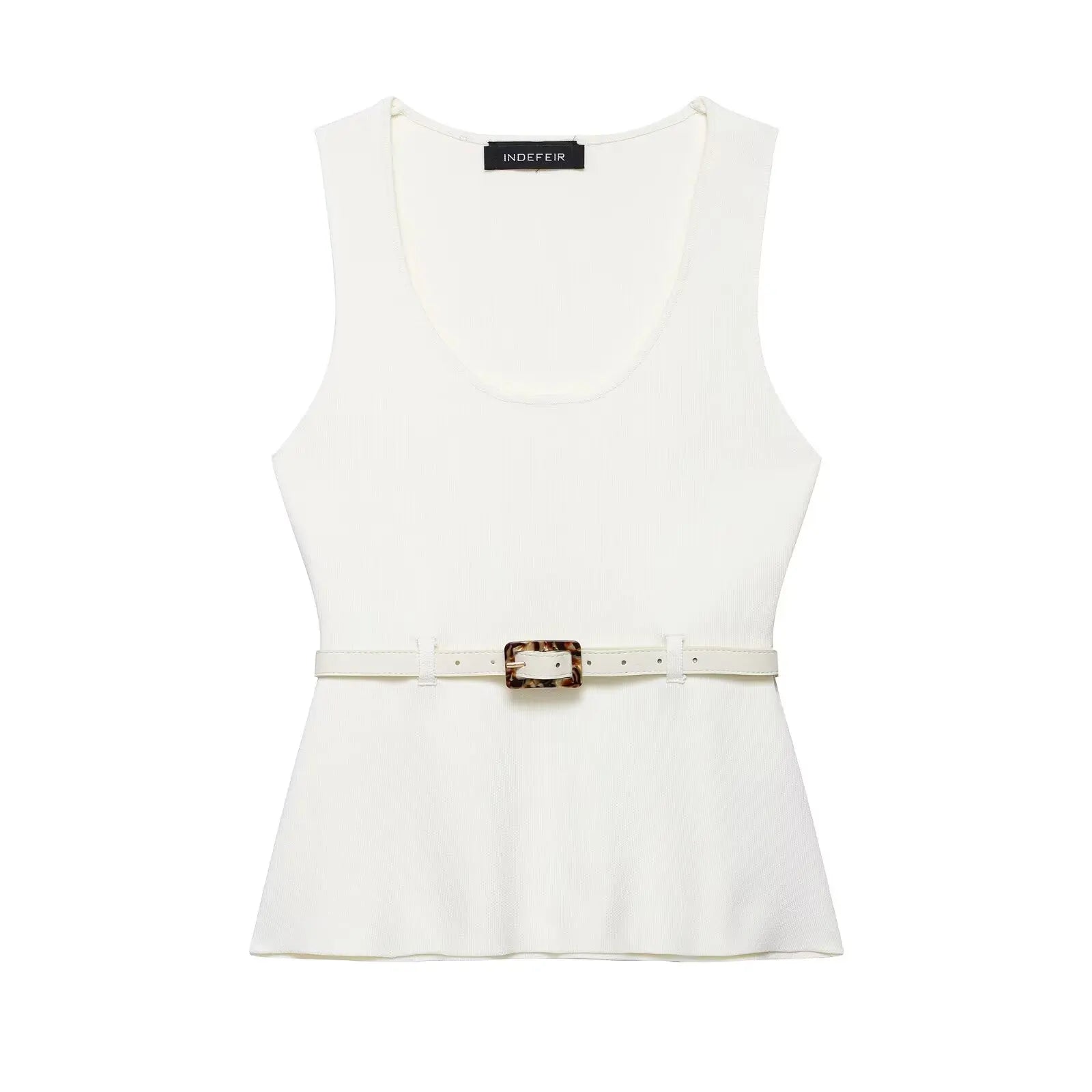 HH Women's Skirt Set Chic Sleeveless O-Neck Belt Decoration Solid Knitted Vest Top+Fashion Elastic Waist Hem Slit Midi Skirt
