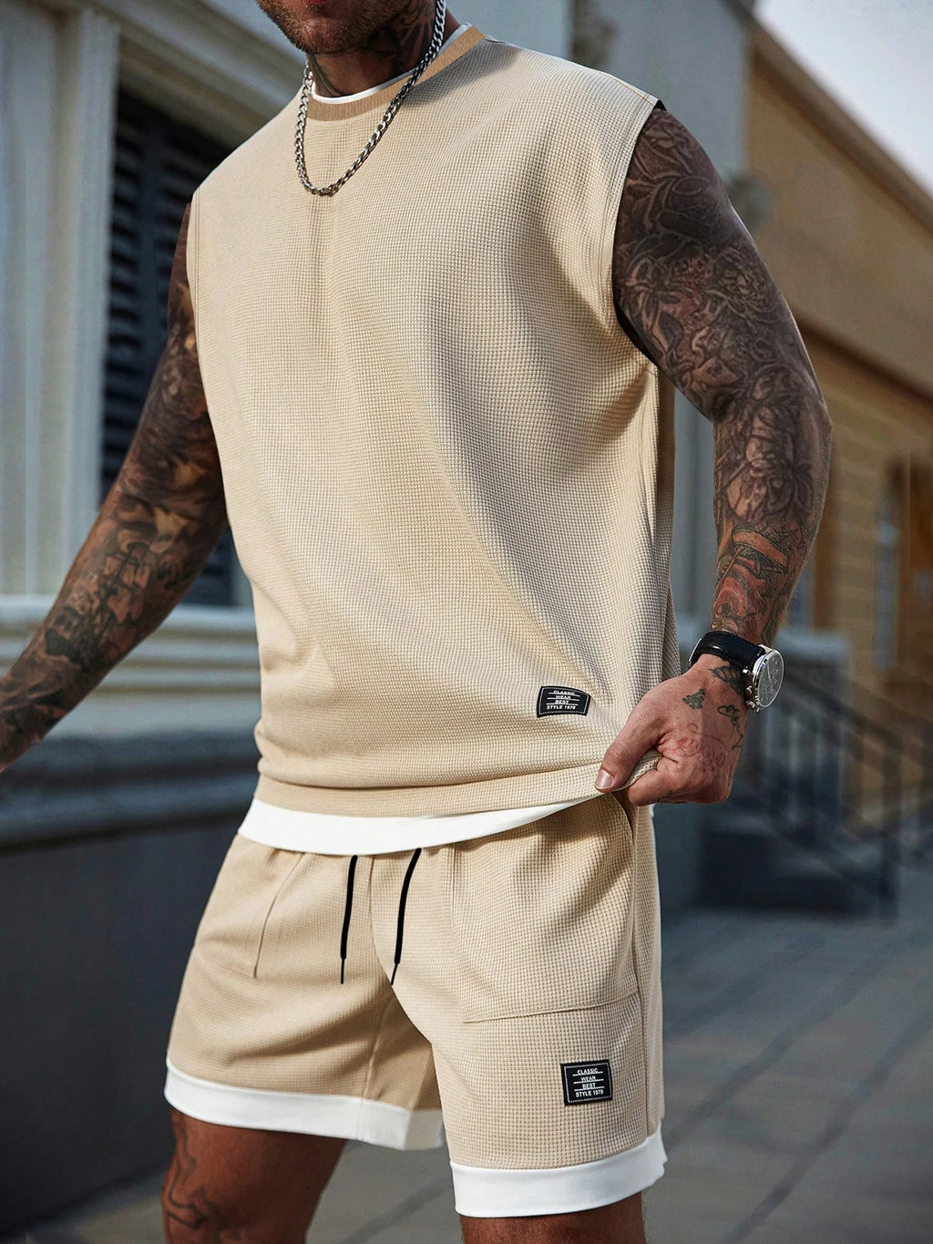 Men's Casual Athletic Set — Knitted fabric with slight stretch; available in medium-to-large sizes. Features a 2-in-1 elastic wa