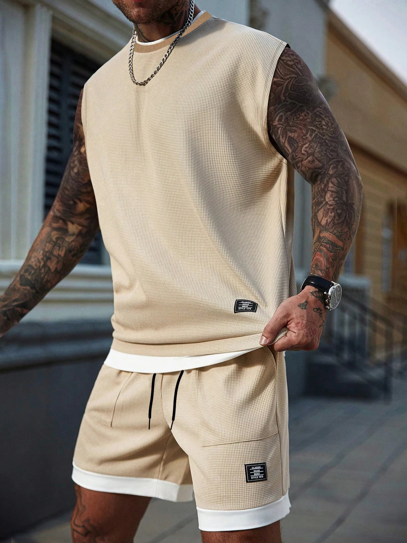 Men's Casual Athletic Set — Knitted fabric with slight stretch; available in medium-to-large sizes. Features a 2-in-1 elastic wa