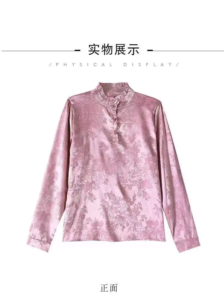 Premium Satin Blouse Women Spring Age-Reducing Print Loose Long Sleeve Top Fashion Elegant Collar Shirt