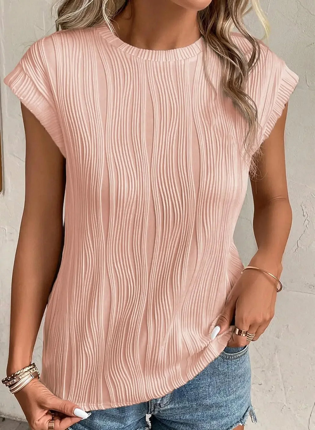 2025 Summer New Womens t-shirt Short Sleeve Textured Tops Crewneck Knit Solid Loose Casual Basic T Shirts Tee Blouses