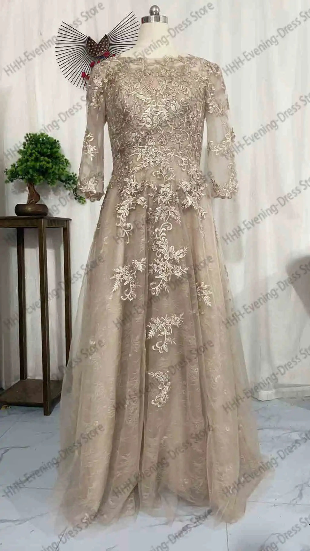 Women's Elegant Evening Dress Prom Dress Formal Gown Boat Neck 3/4 Sleeves Lace Applique Draped A-line Cocktail Dress Customized
