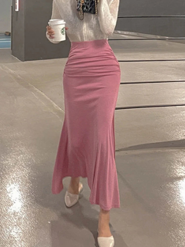 Shirring Satin Skirts for Women High Waisted Skirt 2026 Women A-Line Elegant Skirts Summer Pink Midi Skirt New Korean Style