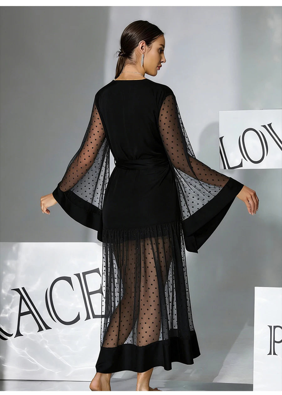 Summer Women Sexy Mesh Maxi Dress V-Neck Belted Polka Dot Sheer Robe Flare Sleeve Party Wedding Nightgown Beach Cover Up Vestido