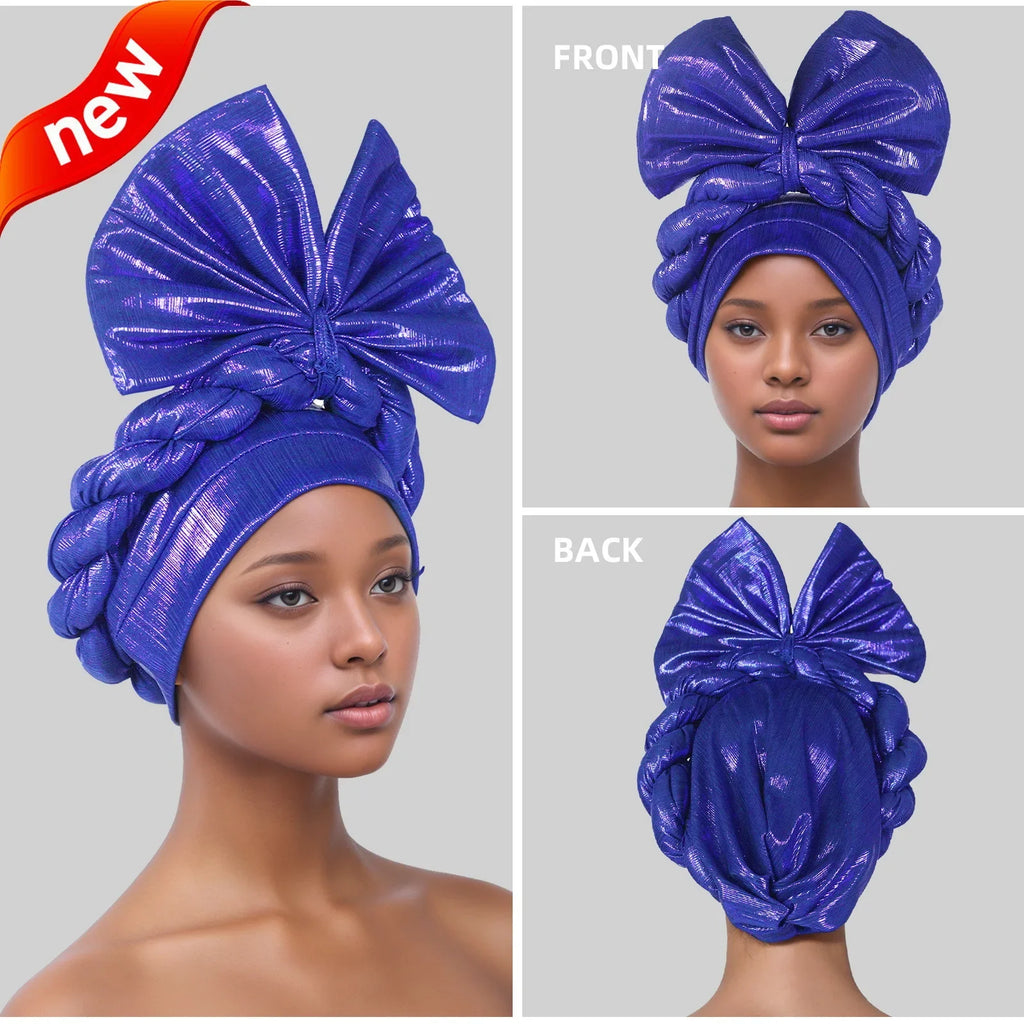 African Lady Head Wraps Nigeria Autogele Headtie Wedding Party Headgear Turbante Mujer Exaggerated Bow Turban Cap for Women