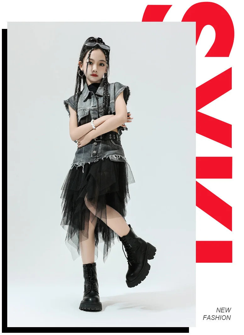 Girls Hip Hop Clothing Denim Sleeveless Jacket Vest Top Street Patchwork Mesh Skirt for Kids Jazz Dance Costume Clothes