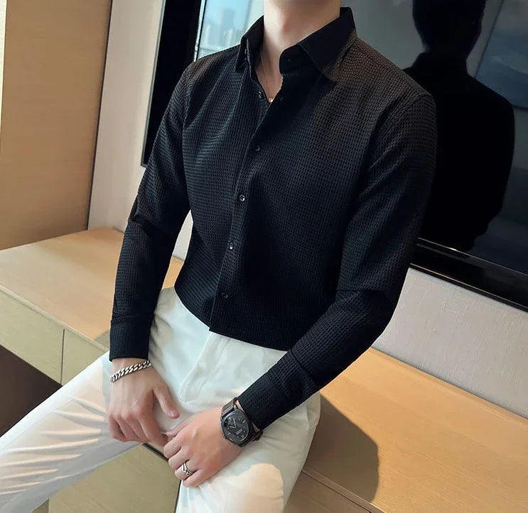 Male Shirts Green Plain Men's Shirt Business Waffle Designer Fashion 2025 Hipster Regular Elegant Slim Fit Cheap Brand Social I