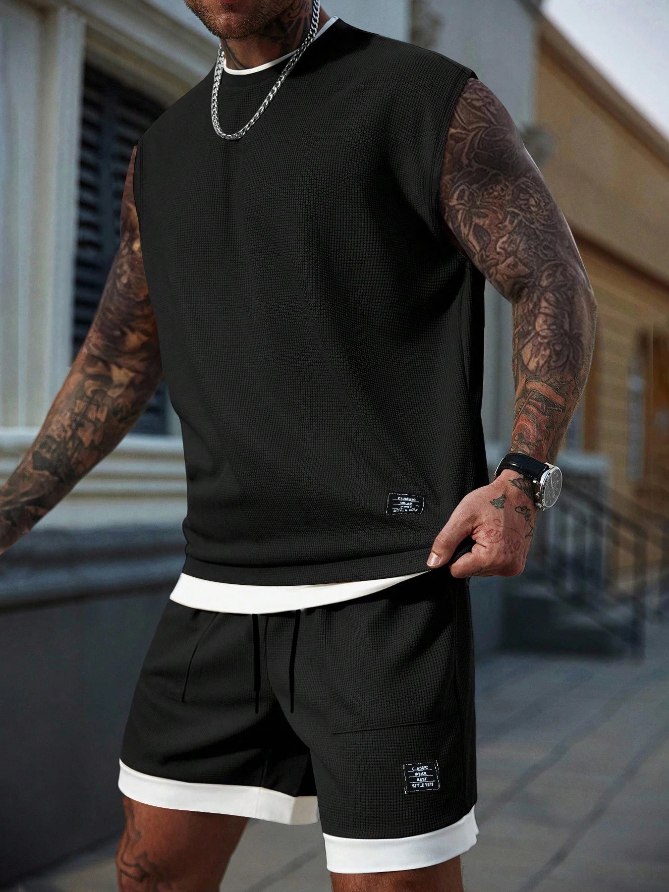 Men's Casual Athletic Set — Knitted fabric with slight stretch; available in medium-to-large sizes. Features a 2-in-1 elastic wa