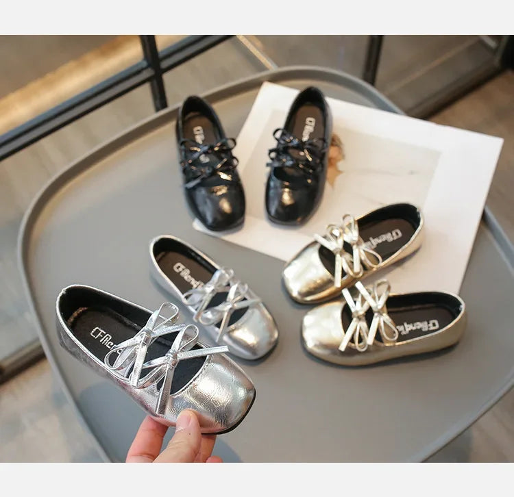 Elegant Girl Princess Shoes New Kids Leather Shoe Spring Autumn Children's Fashion Causal Black Ballet Shoes Solid Color Bowknot