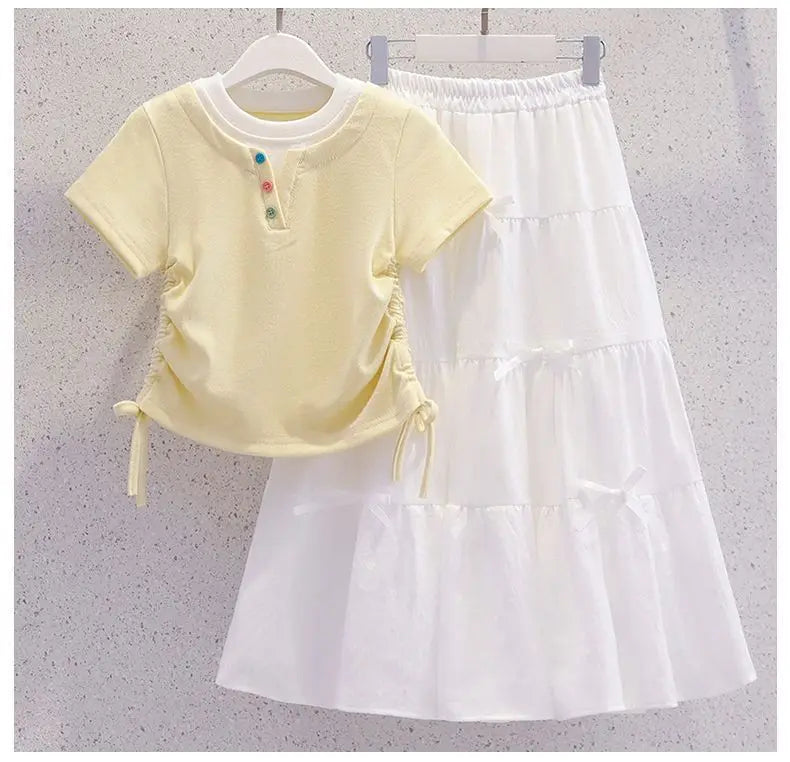 Summer Teenage Girls Clothes Set Children O-Neck Tshirt and Mid Skirt Suit Student School Short Sleeve Top Bottom Outfits