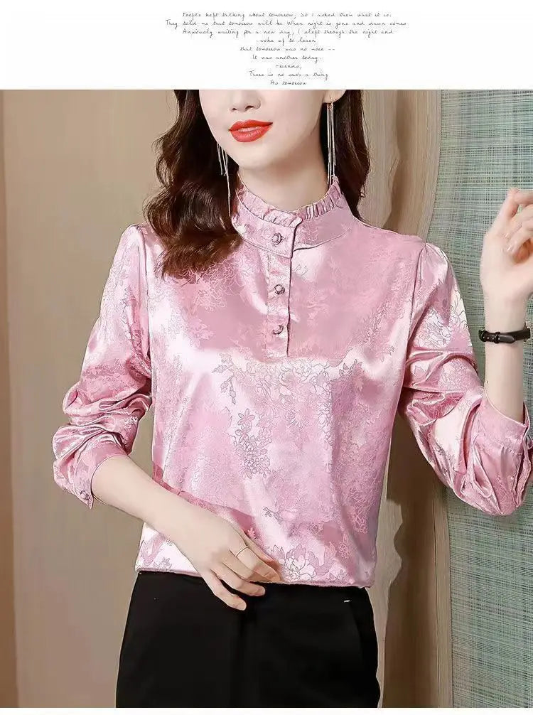 Premium Satin Blouse Women Spring Age-Reducing Print Loose Long Sleeve Top Fashion Elegant Collar Shirt