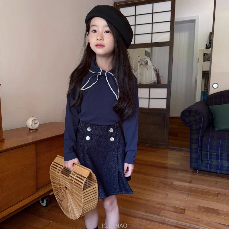 Teen Girl Clothes Waist Shell Button Denim Skirt and Top Kids Versatile Casual Outfits Children Costumes Vintage Girls Elastic