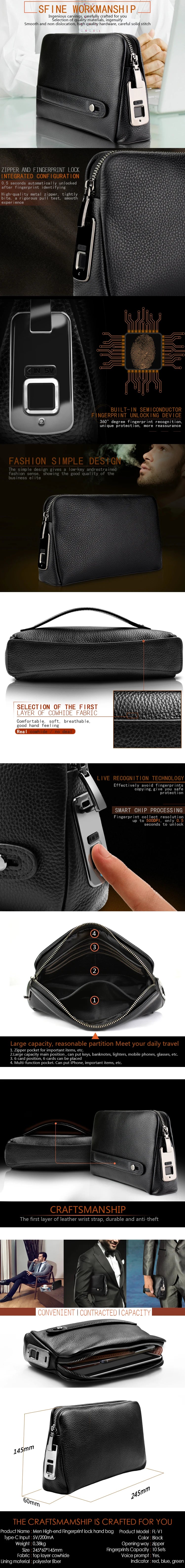 Men's Fingerprint Lock Bags for men Leather Hand Bag Male Long Money Wallets Mobile Phone Pouch Men Messenger Bag Anti-Theft
