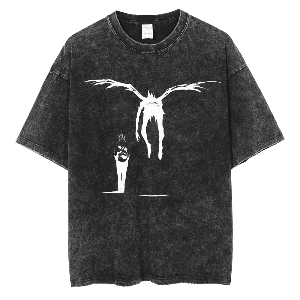 Men Streetwear Vintage Washed Black T-Shirt Anime Graphic T Shirt Oversized Hip Hop Tshirt Harajuku Cotton Tops Tees