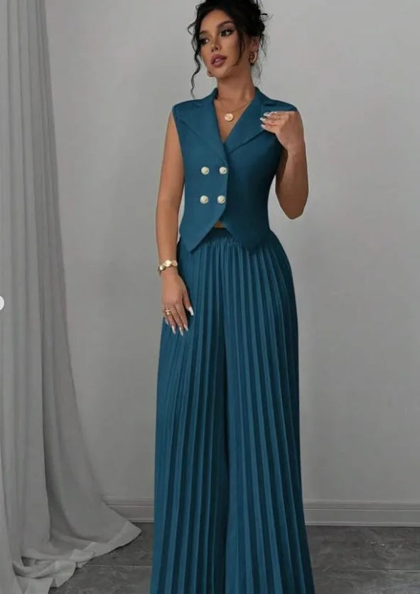 Elegant Formal Women Vest Trousers 2 Pieces Spring New Fashion Retro Wide-leg Pleated Pants Slimming Sleeveless Vest Female Set