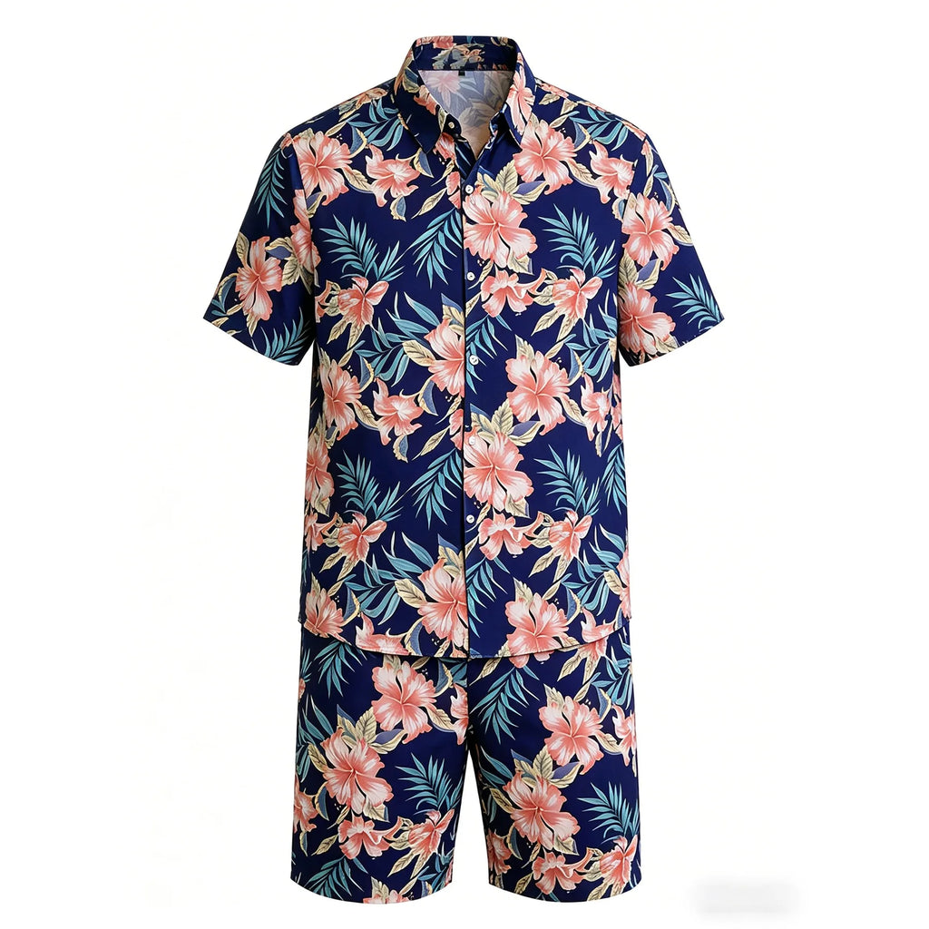 Men Fashion Floral Print Pajama Set Short Sleeve Shirt & Drawstring Elastic Waist Shorts with Pockets Soft Loungewear Nightwear